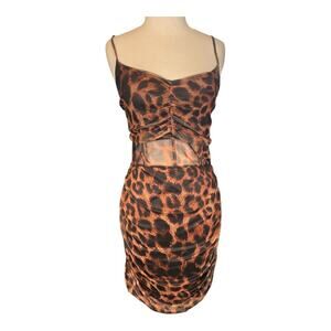 Pretty Little Thing Leopard Print Ruched Sides Mesh Center Midi Bodycon Size 12